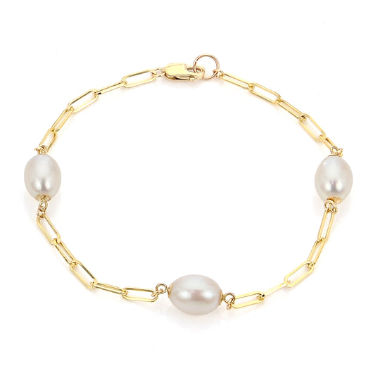 14K Gold Paperclip Chain and Freshwater Pearl Bracelet