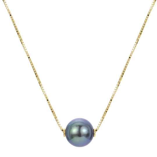 14KT Yellow Gold Fancy Green Color Tahitian Pearl Solitaire Necklace